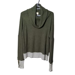 Lovely Melody Cowl Neck‎ Olive Mixed Media Lightweight Oversized Sweater Size Sm